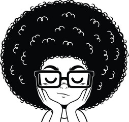 Print
A serene black and white portrait of a woman with a large afro hairstyle and glasses, relaxing with her chin in her hands.