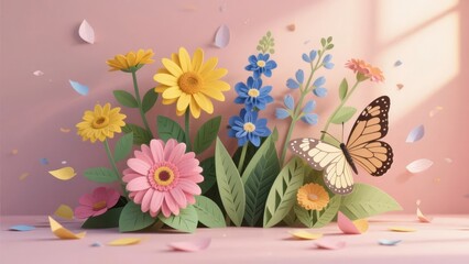 Colorful paper flowers and a butterfly on a soft pink background with scattered petals
