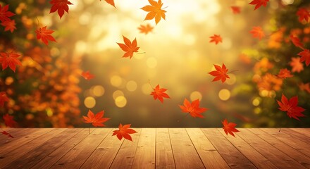Golden Autumn Glow: Vibrant Maple Leaves Falling on Rustic Wooden Table with Sunny Bokeh Background