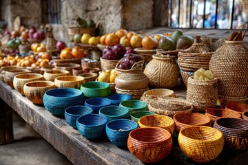 Fototapeta premium Colorful Bowls and Baskets with Fruits on Wooden Table
