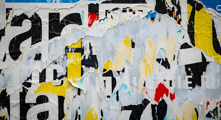 Fototapeta premium Torn posters on a wall creating abstract patterns.