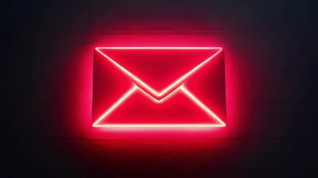 Glowing neon red envelope icon against a dark background, symbolizing email.