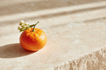 single mandarin sits elegantly on textured natural stone surface surrounded by ultrabright atmosphere