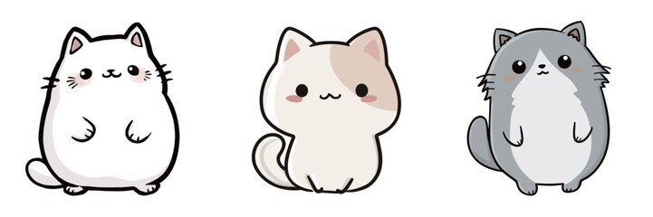 Three adorable cartoon cats display their unique features. The first cat is white, the second is cream with patches, and the third is gray. They have cheerful faces.