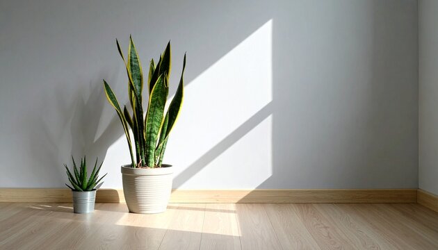 Minimalist Interior with Snake Plant and Aloe Vera,Serene Room Featuring Indoor Plants Bathed in Sunlight Against a Gray Wall