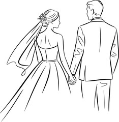 Romantic wedding couple walking away, bride and groom holding hands, elegant line art illustration, perfect for invitations, cards, or decor