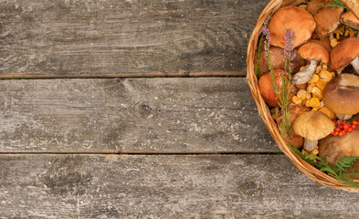
Top view of wicker basket with forest mushrooms on wooden background . Autumn harvest concept. Copy space for text, organic food, rustic lifestyle, and seasonal foraging.
