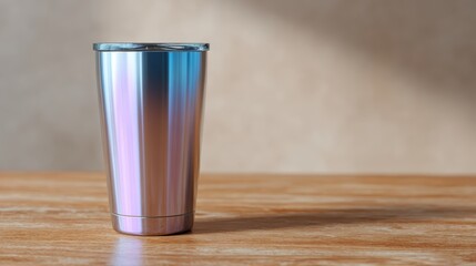 tumbler mockup on wooden table, reflective surface, clean bright background