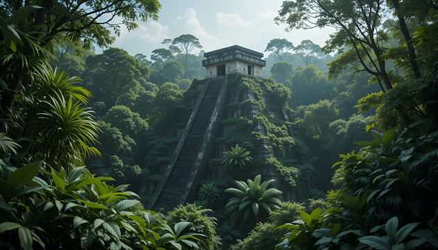 An ancient mayan pyramid, overgrown with lush jungle foliage, stands majestically atop a hill, its stone steps leading towards the heavens under a bright, sunlit sky