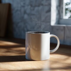 mug mockup on kitchen counter, steaming beverage, morning sunlight, realistic reflection