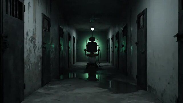 Eerie Prison Hallway with Electric Chair in a Dimly Lit Setting Creating a Sense of Foreboding and Despair Perfect for Thriller or Horror Film