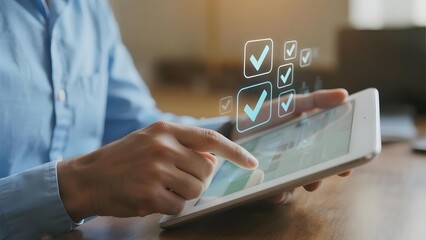 Person using tablet with digital checklist interface