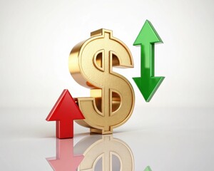Obraz premium Golden Dollar Sign with Up and Down Arrows A Symbol of Financial Fluctuation and Market Trends on a Clean White Background
