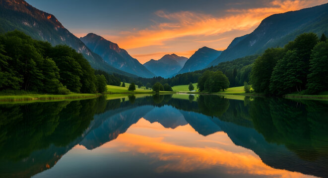 Lake Reflection at Sunset with Mountain Range and Lush Greenery