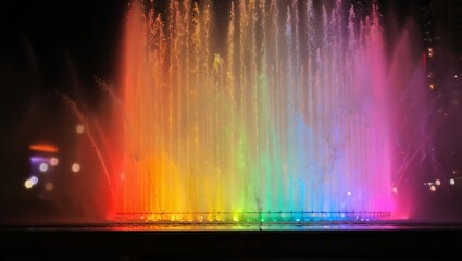 Obraz premium Vibrant rainbow colored water fountain display at night