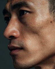 Obraz premium profile portrait Asian man 30s, visible under-eye dark circles, tired look,