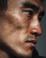Fototapeta premium profile portrait Asian man 30s, visible under-eye dark circles, tired look,