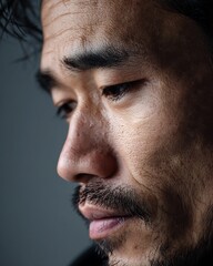 Obraz premium profile portrait Asian man 30s, visible under-eye dark circles, tired look,