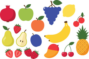 Set of fresh and healthy fruits, pomegranate, apple, pear, grape, lemon, berries, banana, pineapple, hand-drawn vector illustration