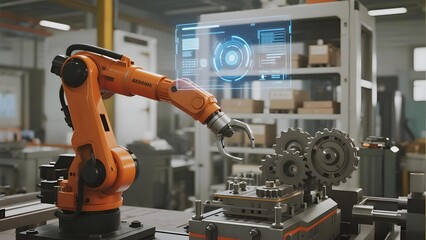Industrial robotic arm assembling mechanical gears in a factory setting with digital interface overlay