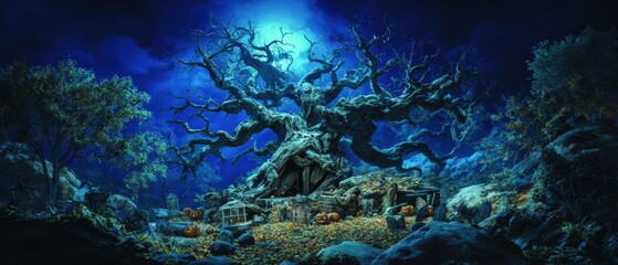 Fototapeta premium Mystical Ancient Tree Surrounded by Forests and Mystical Night Sky with Twinkling Stars for Fantasy and Nature Theme