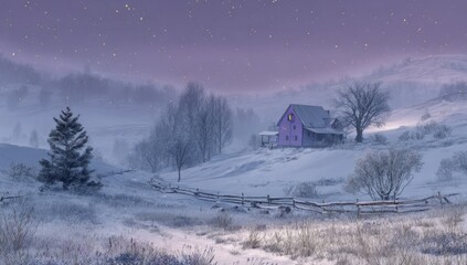 A purple-hued farmhouse sits on a snow-covered hill, surrounded by frosted trees and a split-rail fence under a twilight sky dusted with stars