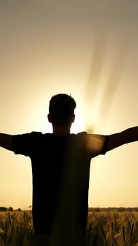 A solitary, gender-neutral silhouette with raised arms in a vast golden grass field at golden hour, sun-backlit against a warm sky with lens flare and bokeh, embracing personal revelation and hope.
