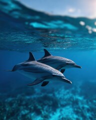 Obraz premium underwater scene with dolphins swimming in clear ocean water