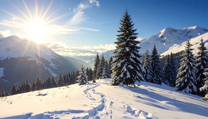 Winter wonderland mountain vista with snow-covered pines