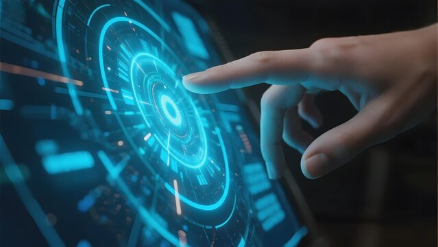 A hand interacting with a futuristic holographic interface displaying circular digital elements and data patterns.