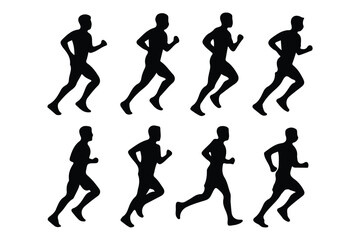 Group of running men and women side view of vector runner silhouette . Running , jogging 