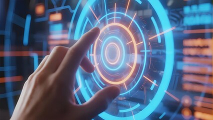 Hand interacting with a futuristic holographic interface displaying concentric circular patterns and digital data elements.