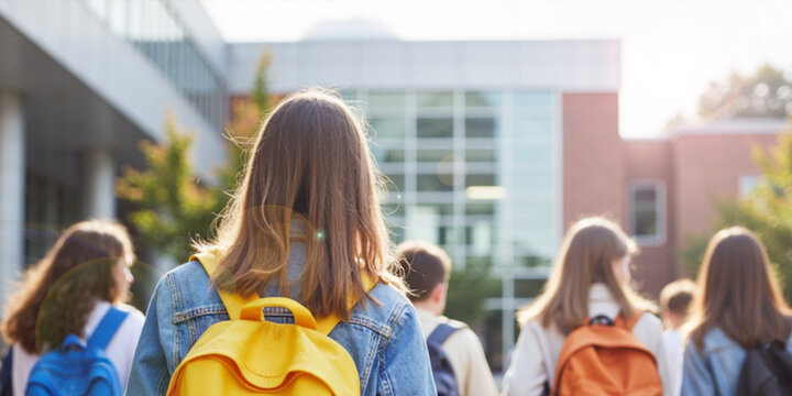 Back to School concept for Group of students with backpacks walks to the college in the morning sunshine with the idea of learning through the friendship of good peers