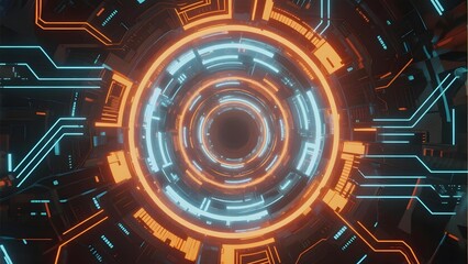Futuristic circular tunnel with glowing orange and blue circuit patterns in a high-tech digital environment