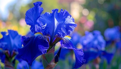 Vibrant Deep Blue Irises in a Floral Garden