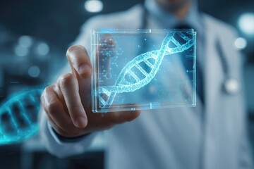 Doctor interacting with a DNA graphic, medical technology, futuristic healthcare.