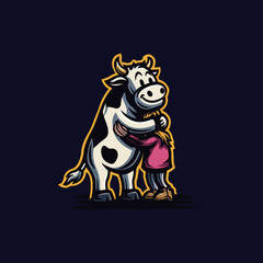 Naklejka premium A friendly cartoon cow stands proudly while a girl hugs it warmly. The characters are brightly colored against a dark background, creating a joyful scene.
