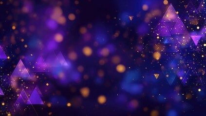 Abstract dark background with purple and gold triangular shapes, bokeh, and glittering particles