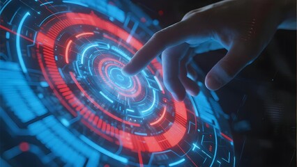 Human hand interacting with a futuristic holographic interface displaying concentric digital rings in red and blue.