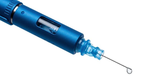 blue medical pen injector with needle and drop