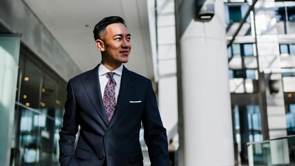 Young asian entrepreneur strides outside sleek headquarters, optimistic energy, career momentum, and winning mindset in a contemporary business portrait.