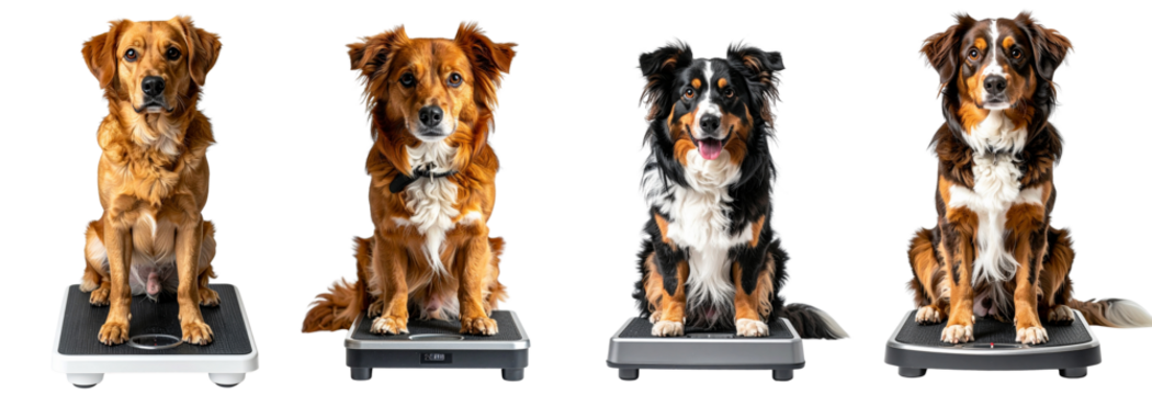 Dogs sitting on scales for weight management in transparent PNG image