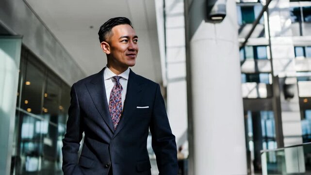 Young asian entrepreneur strides outside sleek headquarters, optimistic energy, career momentum, and winning mindset in a contemporary business portrait.