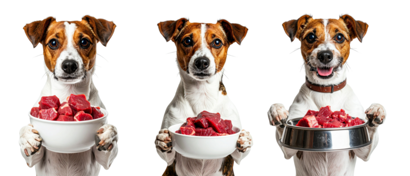 Three dogs hold bowls of raw meat, promoting weight management in playful PNG image