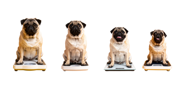 Pug dogs sitting on scales for weight management in transparent PNG image
