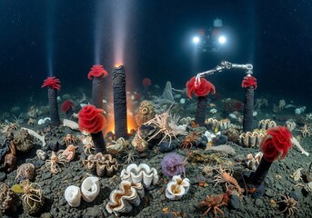 Mysterious seabed landscape with hydrothermal vents, creatures and underwater vehicles