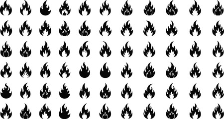 Flame icon grid set, black and white fire symbols, stylized flame variations, graphic design elements, heat and energy illustration pack