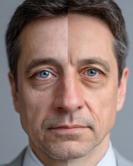Obraz premium Caucasian man 40s office portrait, before after eye cream treatment, under-eye transformation, professional confident look