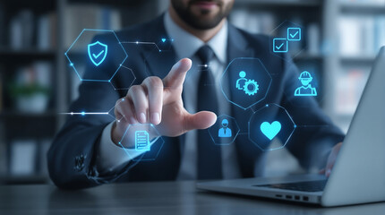 Businessman using digital interface for data security and management on laptop computer screen