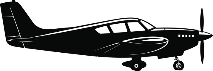Silhouette of a small propeller airplane, side view, single-engine aircraft, aviation, flying, travel, vintage plane, black and white vector illustration. © Its Marjia's World